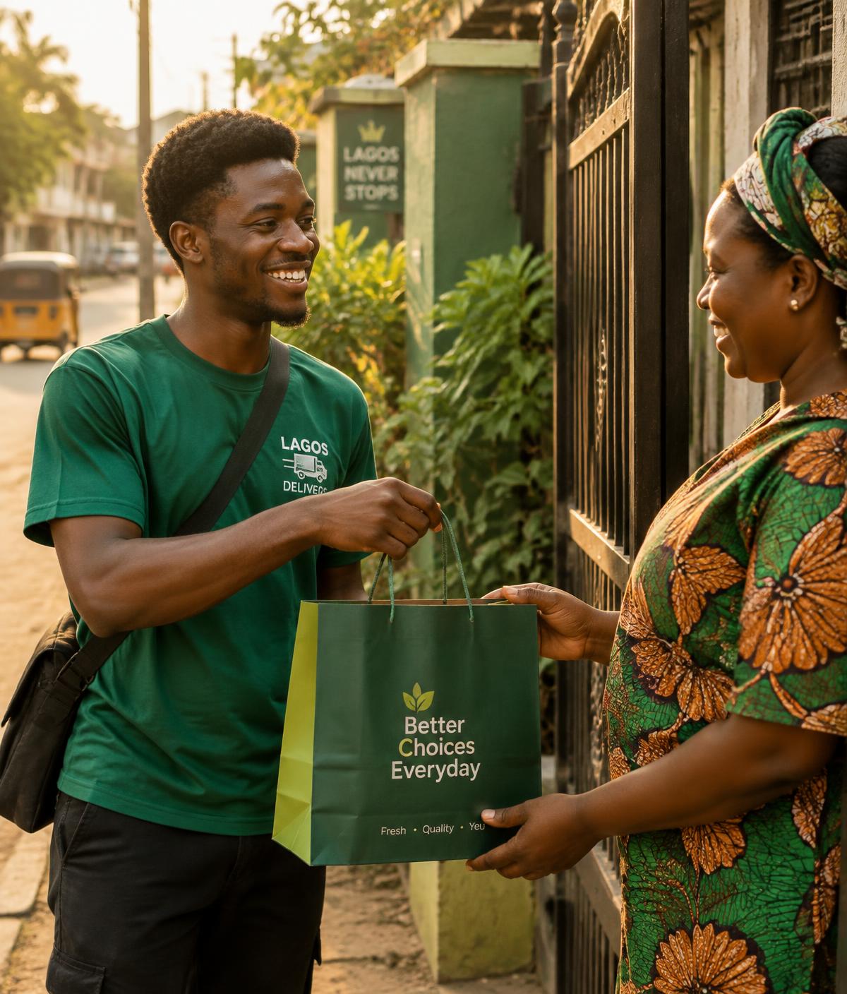 A Tasker handing a shopping bag to a customer at her gate